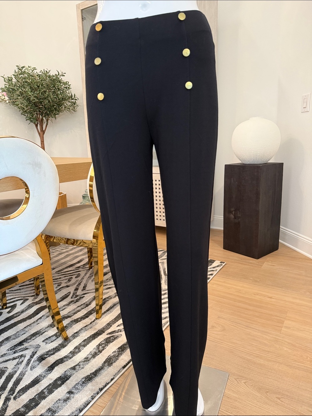 Black High-Waist Button-Accent Straight Pants
